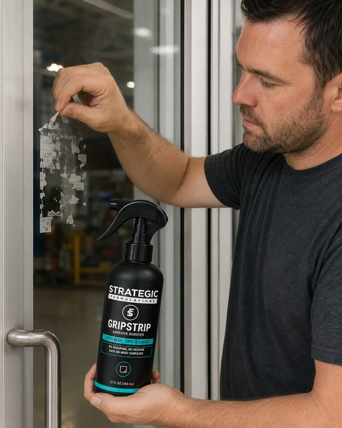Adhesive lifting clean from glass after a GRIPSTRIP soak
