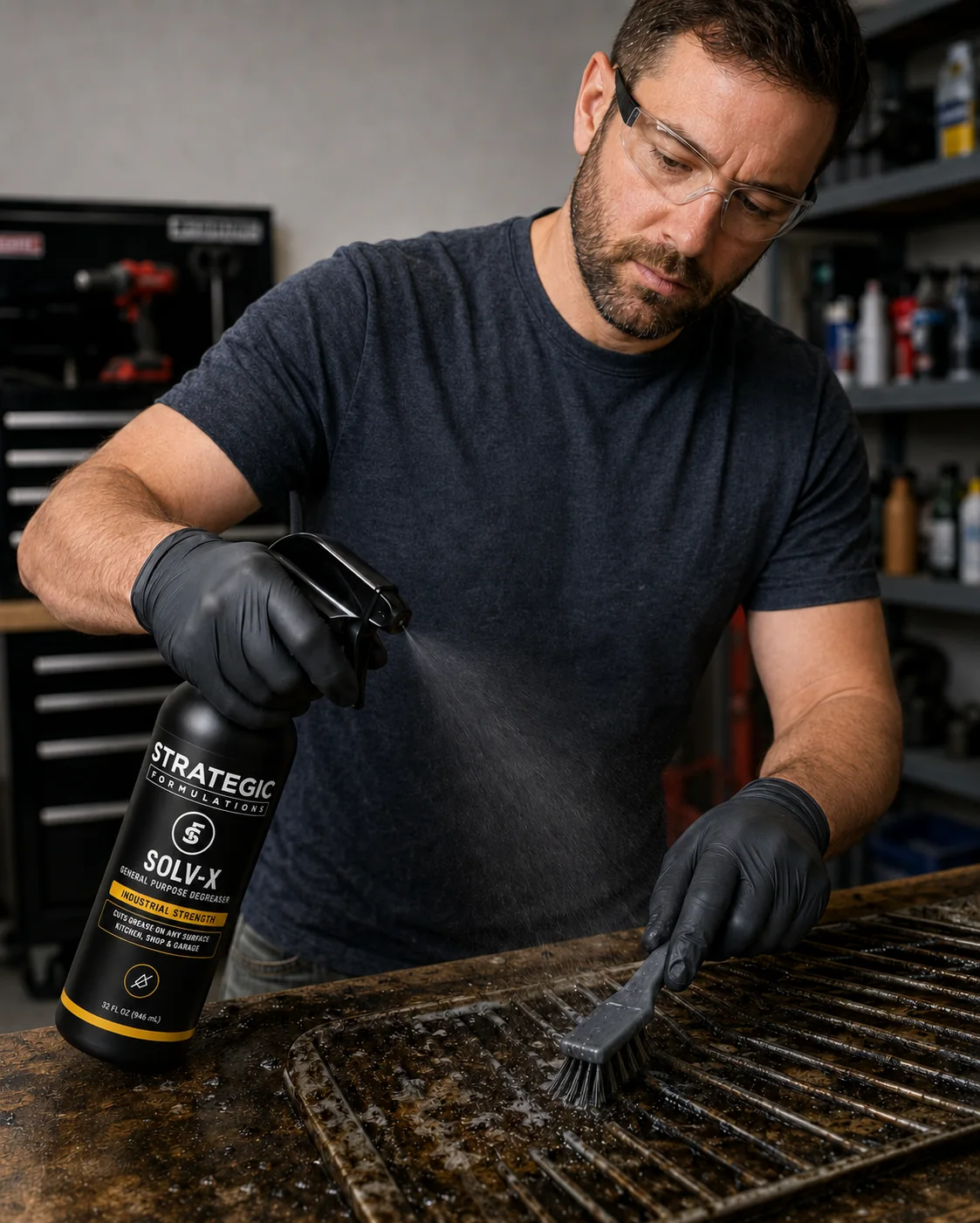 Cutting shop grease off a grate with SOLV-X, goggles and gloves on
