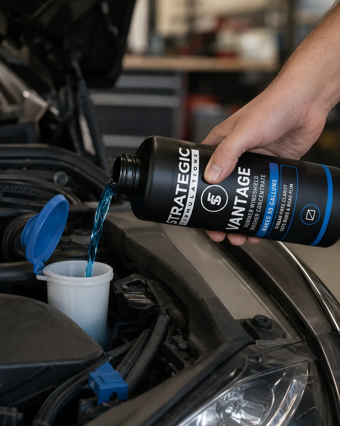 Pouring VANTAGE concentrate into a washer-fluid reservoir under the hood