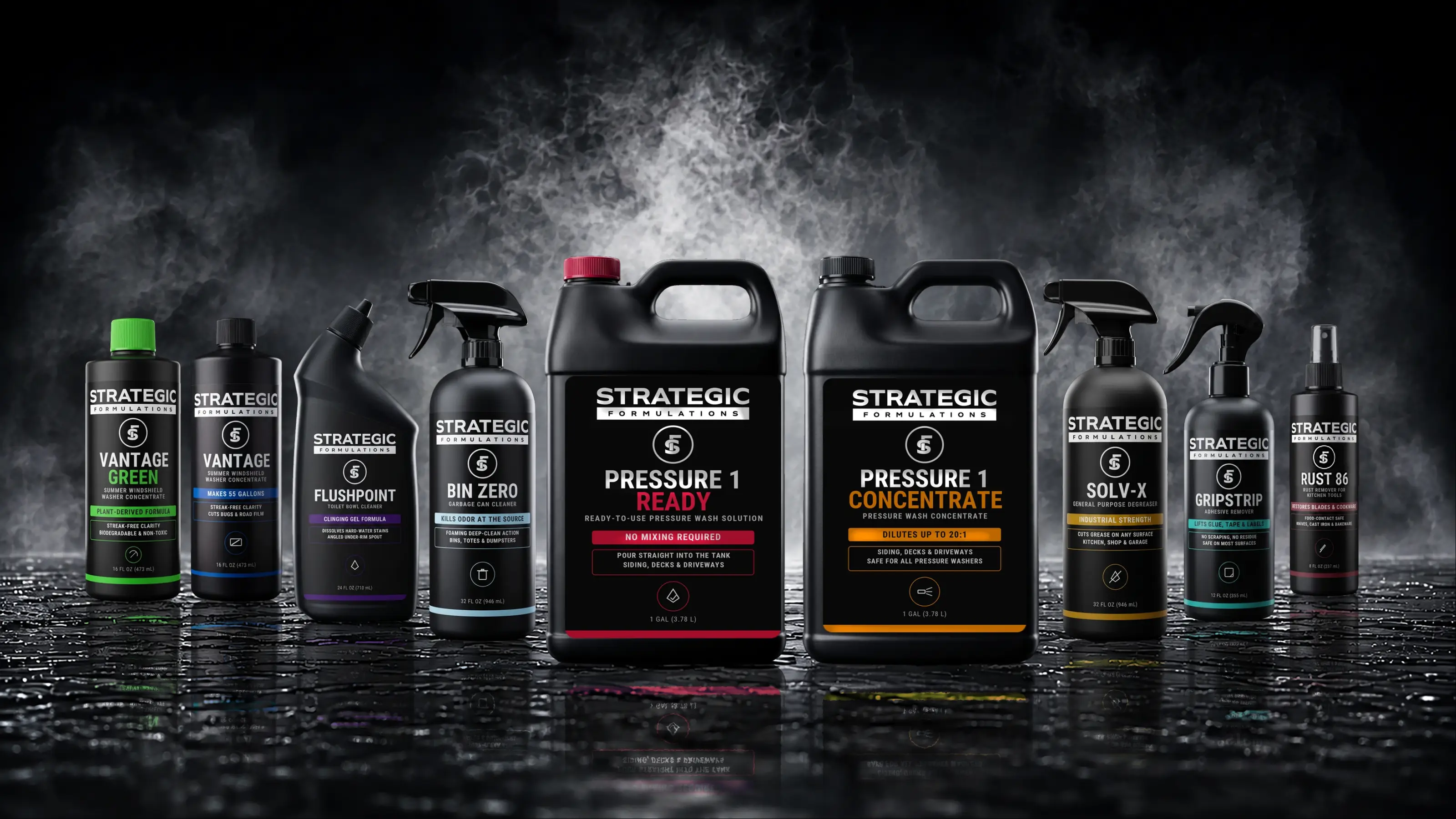 The nine Strategic Formulations products lined up on a wet studio floor